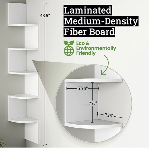 5 Tier Wall Mount Corner Self, 7.75 “Wx7’  Dx48.5’, Color:Espresso, - Picture 8 of 9